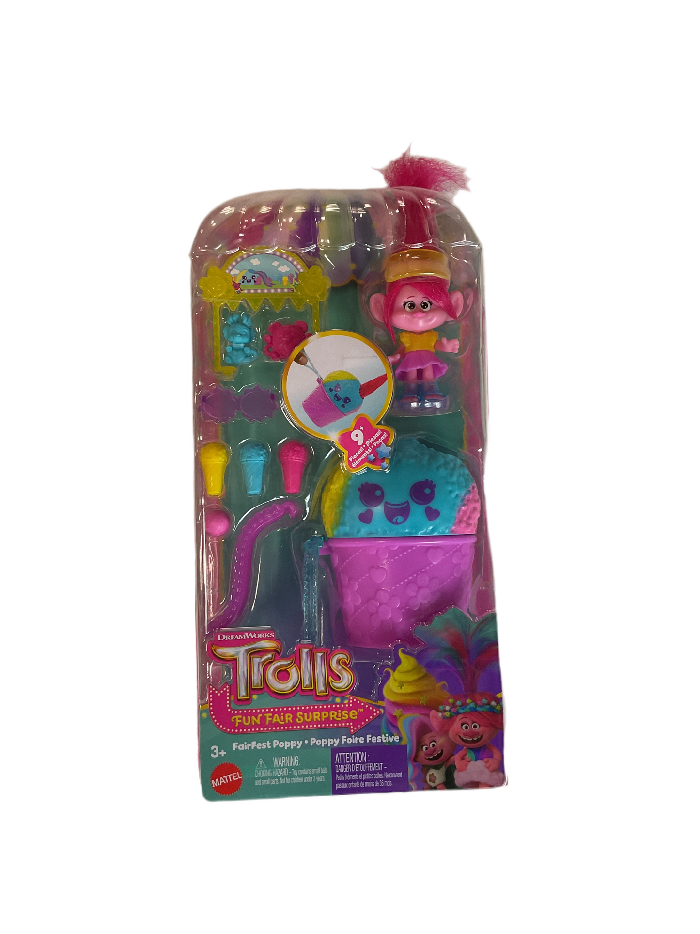 Mattel DreamWorks Trolls Fun Fair Surprise FairFest Small Doll & 10 Accessories, Carnival Food Popcorn Theme with Queen Poppy