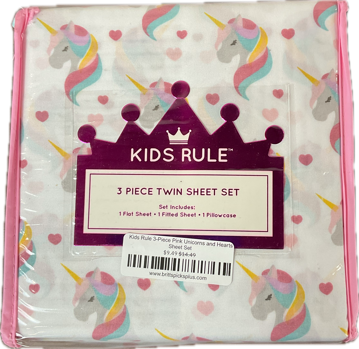 Kids Rule 3-Piece Pink Unicorns and Hearts Sheet Set