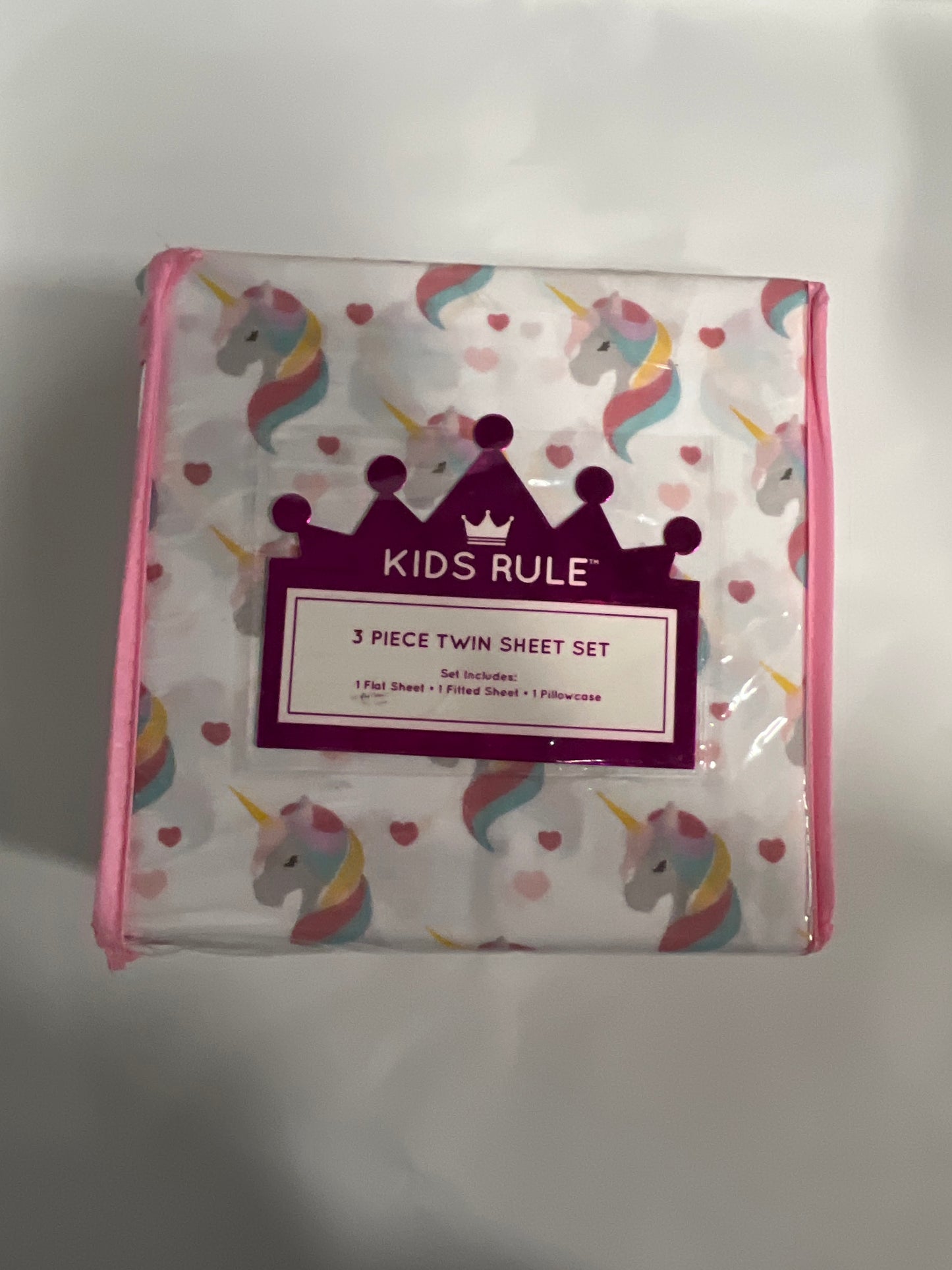 Kids Rule 3-Piece Pink Unicorns and Hearts Sheet Set